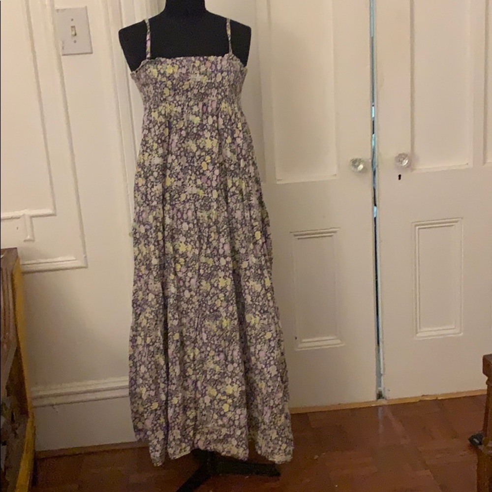 Strap smocked printed long summer dress